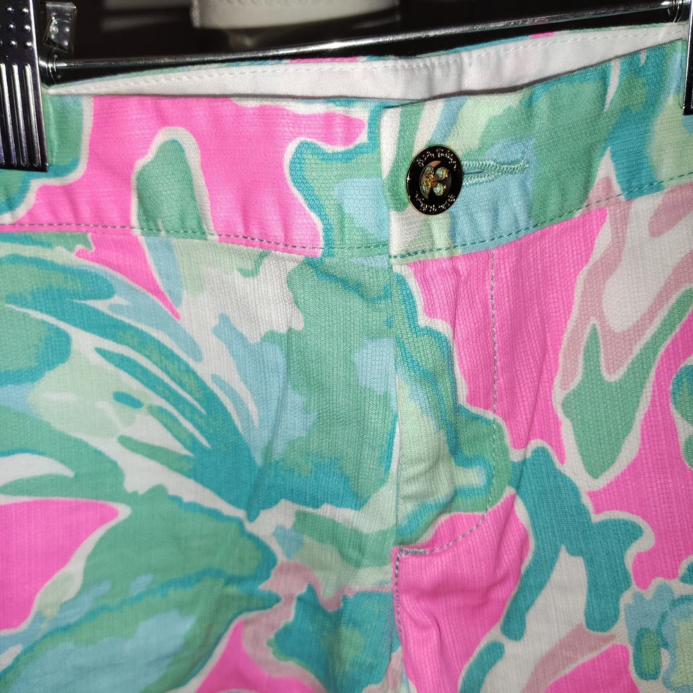 Lilly Pulitzer Pink & Aqua Scalloped-Hem High Waist Shorts Sz 0 Buttercup - Picture 2 of 9